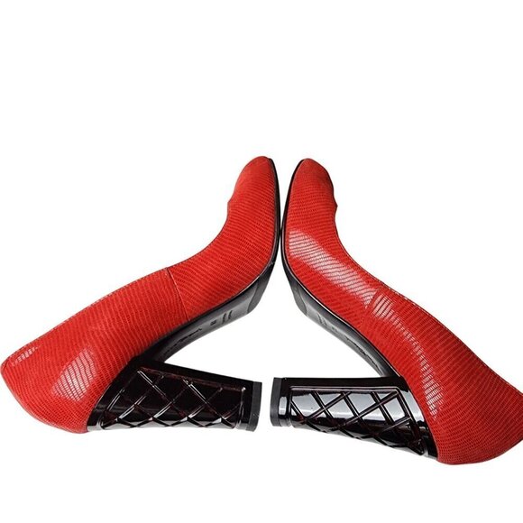 Marino Fabiani Red Snakeskin Leather Peep Toe Pumps Lucite Heel 8.5 - Picture 6 of 12
